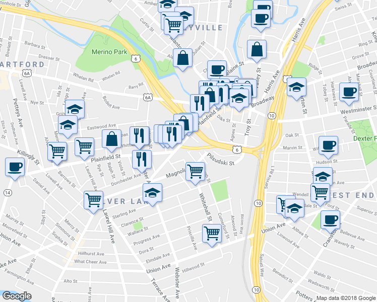 map of restaurants, bars, coffee shops, grocery stores, and more near 35 Lena Street in Providence
