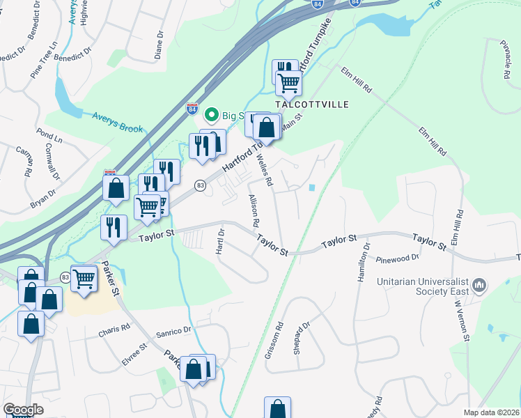 map of restaurants, bars, coffee shops, grocery stores, and more near 20 Allison Road in Vernon