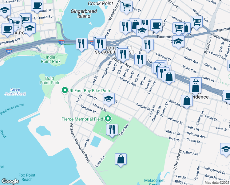 map of restaurants, bars, coffee shops, grocery stores, and more near 178 Juniper Street in East Providence