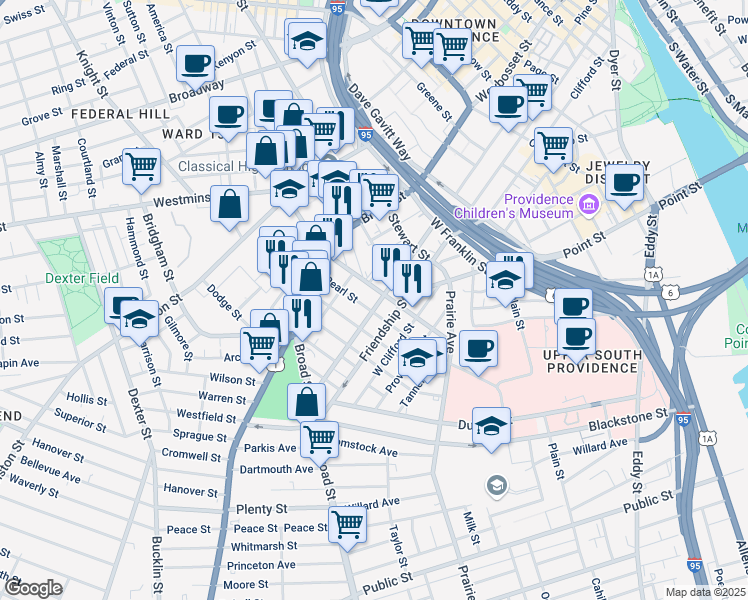 map of restaurants, bars, coffee shops, grocery stores, and more near 422 Pine Street in Providence