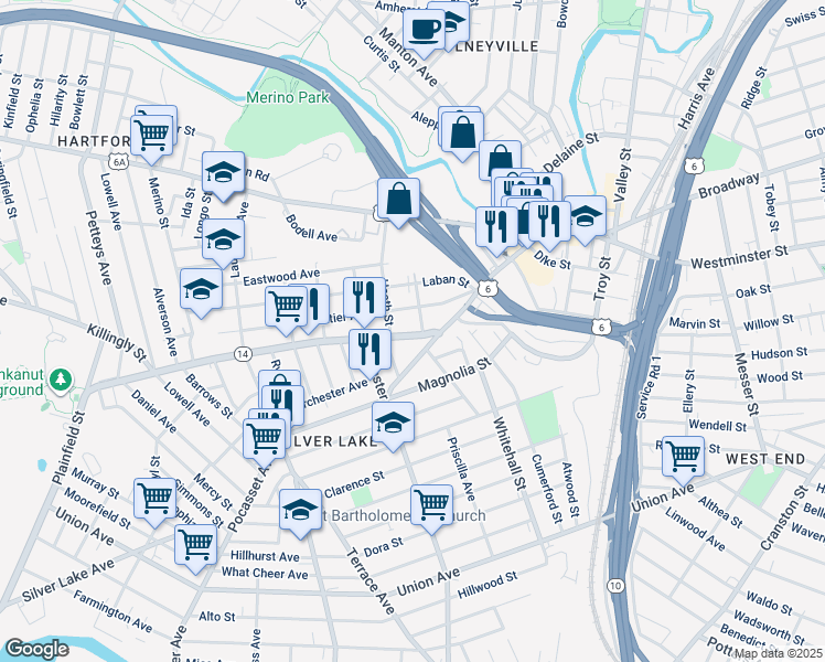 map of restaurants, bars, coffee shops, grocery stores, and more near 345 Plainfield Street in Providence