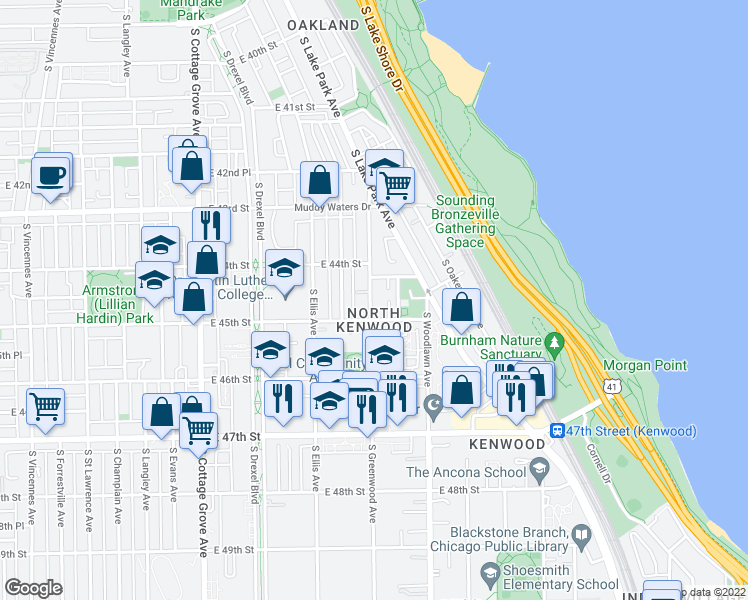 map of restaurants, bars, coffee shops, grocery stores, and more near 4434 South University Avenue in Chicago