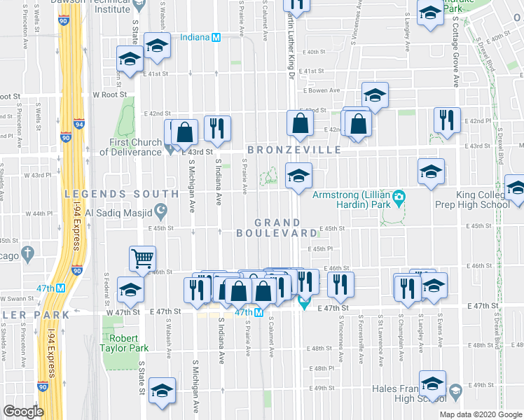 map of restaurants, bars, coffee shops, grocery stores, and more near 4427 South Calumet Avenue in Chicago