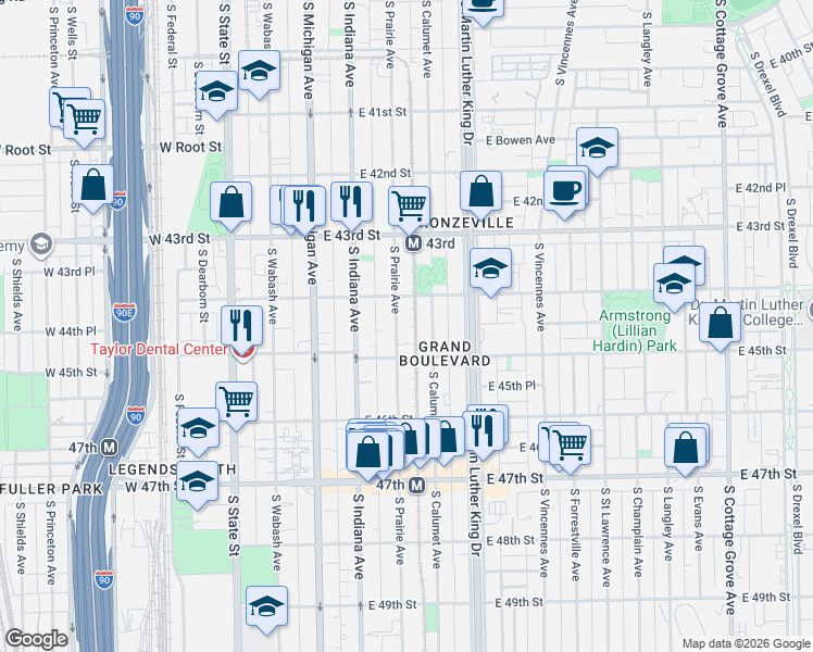map of restaurants, bars, coffee shops, grocery stores, and more near 4425 South Prairie Avenue in Chicago