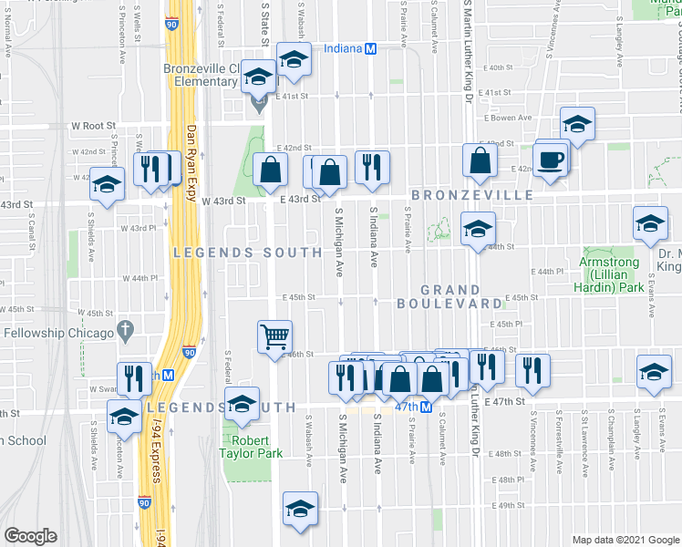 map of restaurants, bars, coffee shops, grocery stores, and more near 4419 South Michigan Avenue in Chicago