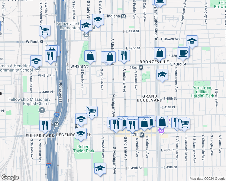 map of restaurants, bars, coffee shops, grocery stores, and more near 4419 South Michigan Avenue in Chicago