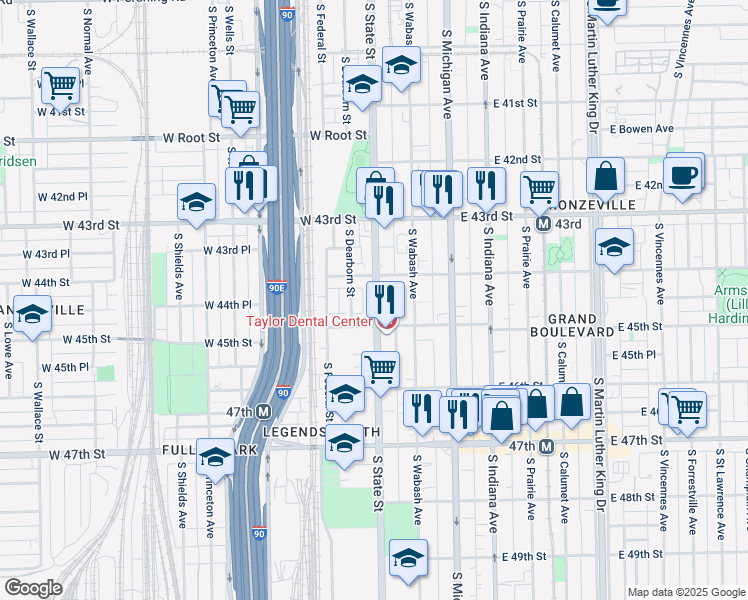 map of restaurants, bars, coffee shops, grocery stores, and more near 4419 South Dearborn Street in Chicago