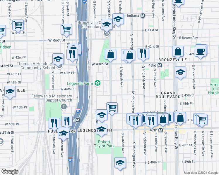 map of restaurants, bars, coffee shops, grocery stores, and more near 4419 South Dearborn Street in Chicago