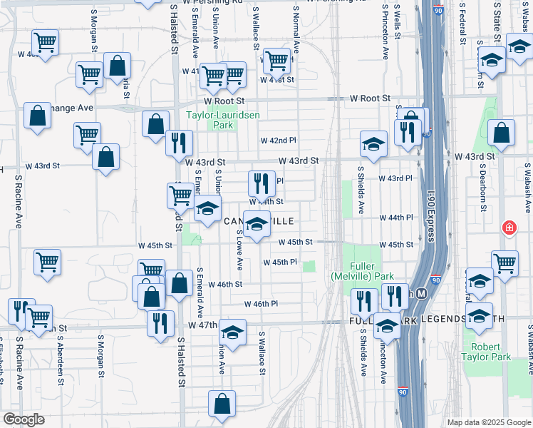 map of restaurants, bars, coffee shops, grocery stores, and more near 4411 South Wallace Street in Chicago