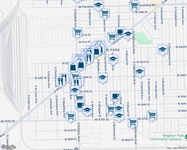 map of restaurants, bars, coffee shops, grocery stores, and more near 3102 West 44th Street in Chicago