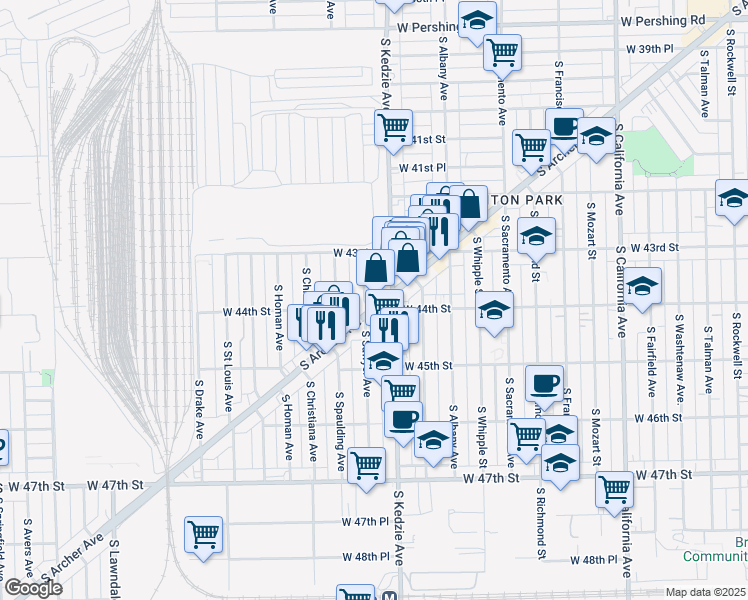 map of restaurants, bars, coffee shops, grocery stores, and more near 4355 South Sawyer Avenue in Chicago