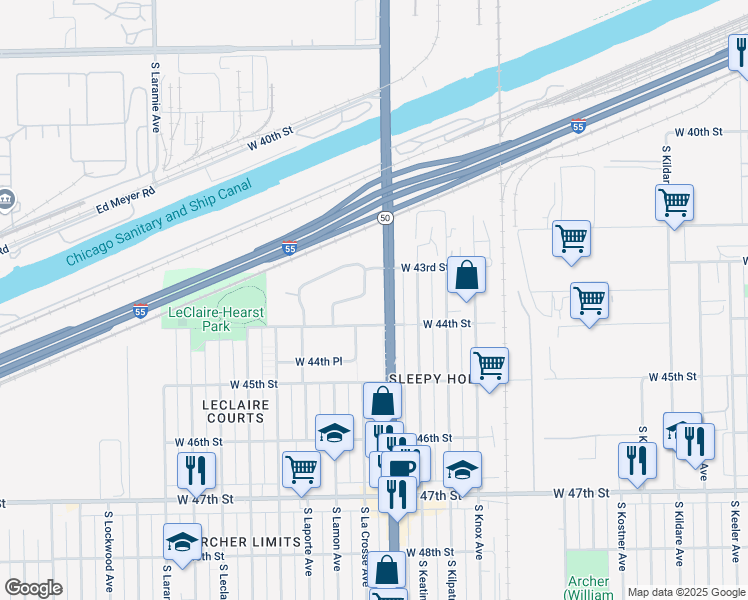 map of restaurants, bars, coffee shops, grocery stores, and more near 4403 S La Crosse Ave in Chicago