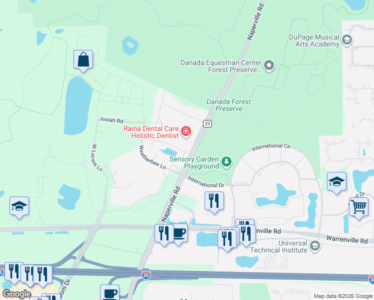 map of restaurants, bars, coffee shops, grocery stores, and more near 1395 Danada Court in Naperville