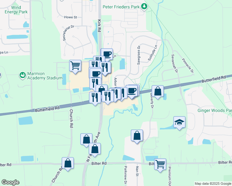 map of restaurants, bars, coffee shops, grocery stores, and more near 2910 Arbor Lane in Aurora