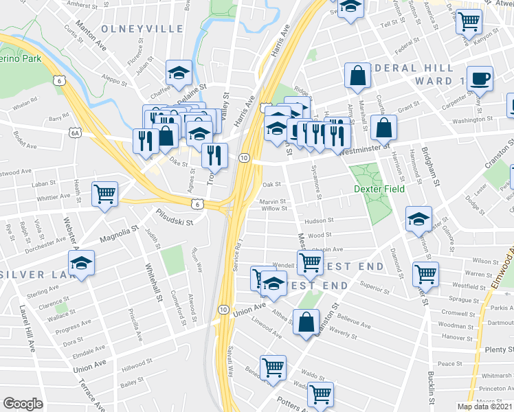 map of restaurants, bars, coffee shops, grocery stores, and more near 157 Willow Street in Providence