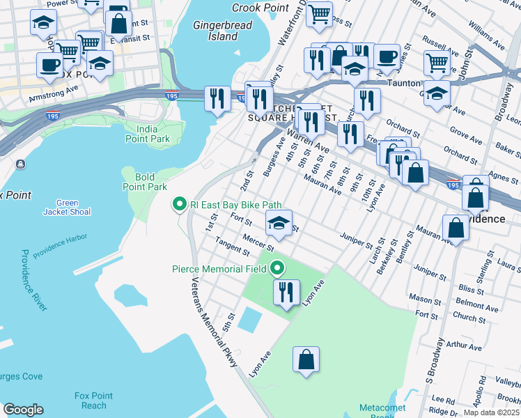 map of restaurants, bars, coffee shops, grocery stores, and more near 150 Quarry Street in East Providence