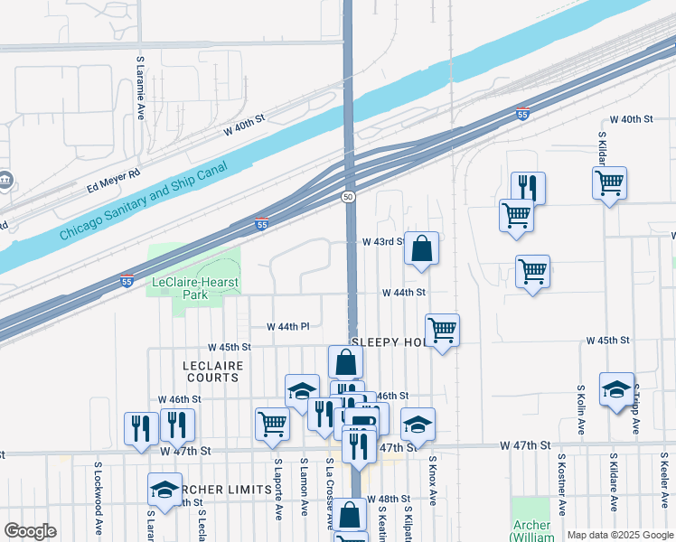 map of restaurants, bars, coffee shops, grocery stores, and more near 4403 South La Crosse Avenue in Chicago
