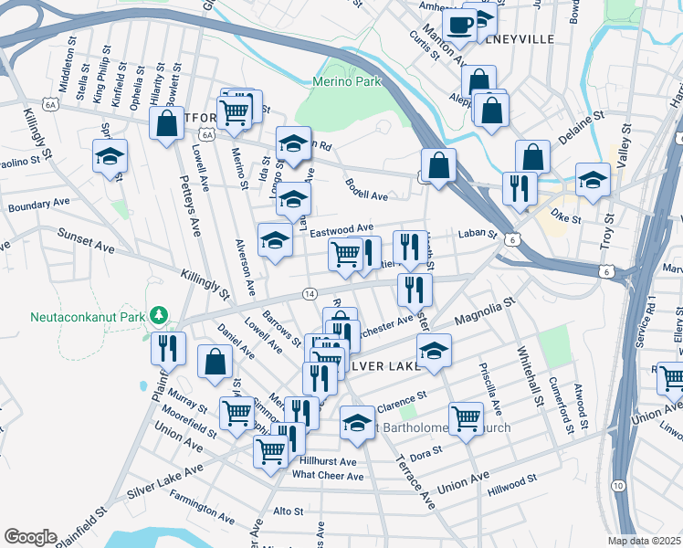 map of restaurants, bars, coffee shops, grocery stores, and more near 178 Whittier Avenue in Providence