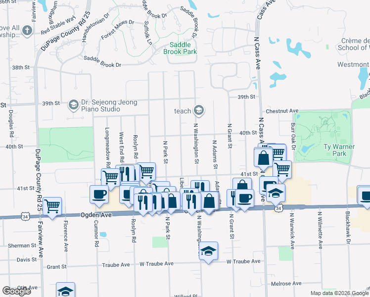 map of restaurants, bars, coffee shops, grocery stores, and more near 4011 Liberty Boulevard in Westmont