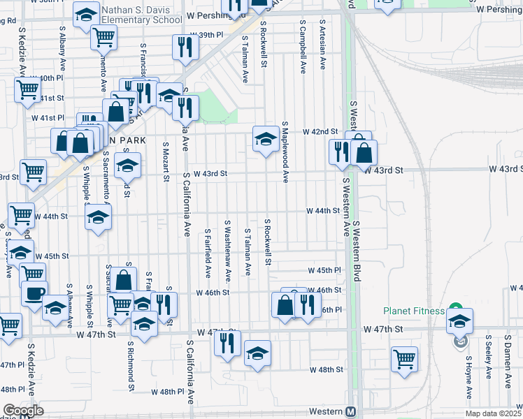 map of restaurants, bars, coffee shops, grocery stores, and more near 4356 South Rockwell Street in Chicago