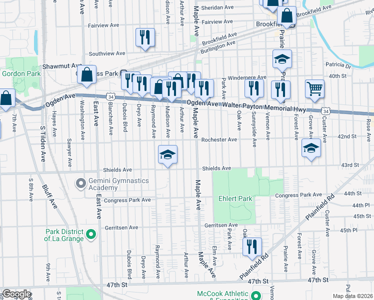 map of restaurants, bars, coffee shops, grocery stores, and more near 4215 Arthur Avenue in Brookfield