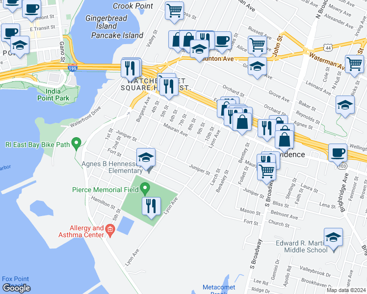map of restaurants, bars, coffee shops, grocery stores, and more near 64 8th Street in East Providence