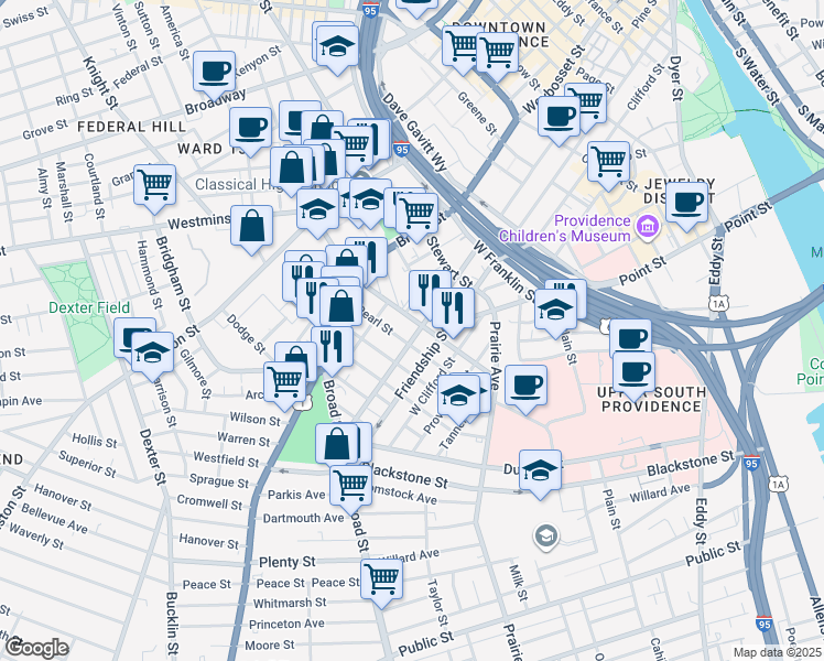 map of restaurants, bars, coffee shops, grocery stores, and more near 422 Pine Street in Providence