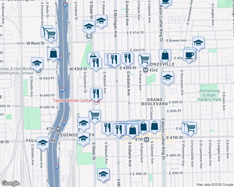 map of restaurants, bars, coffee shops, grocery stores, and more near 4419 South Michigan Avenue in Chicago