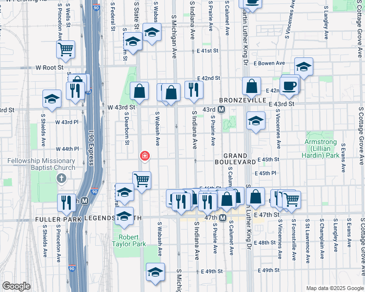 map of restaurants, bars, coffee shops, grocery stores, and more near 4419 South Michigan Avenue in Chicago
