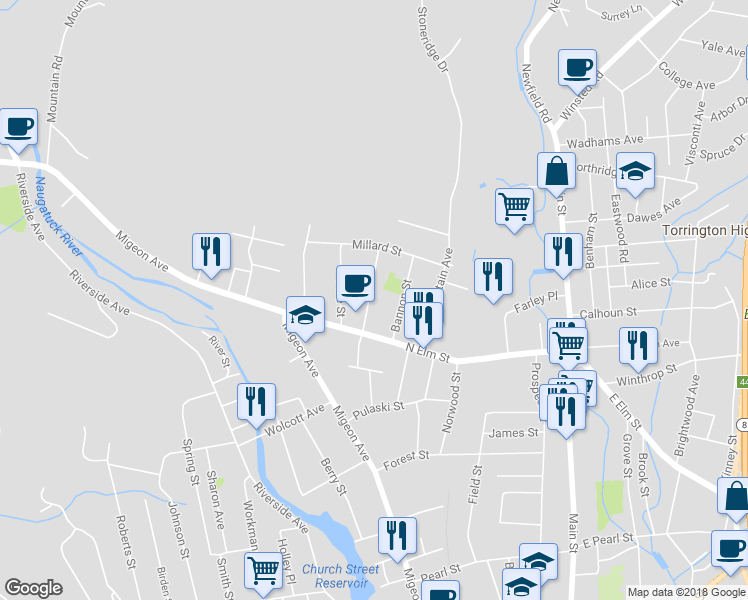 map of restaurants, bars, coffee shops, grocery stores, and more near 50 Mc Guinness Street in Torrington