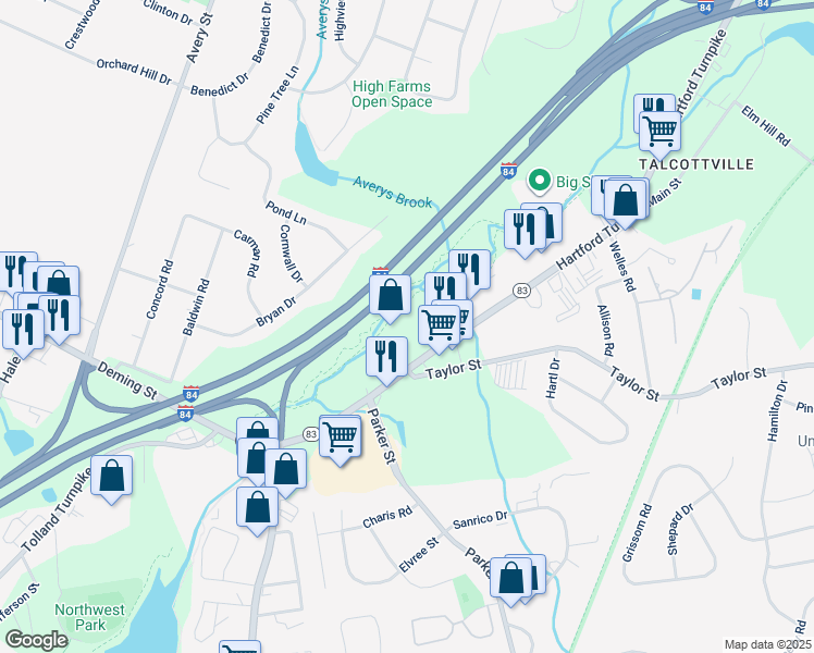 map of restaurants, bars, coffee shops, grocery stores, and more near 155 Tolland Turnpike in Manchester
