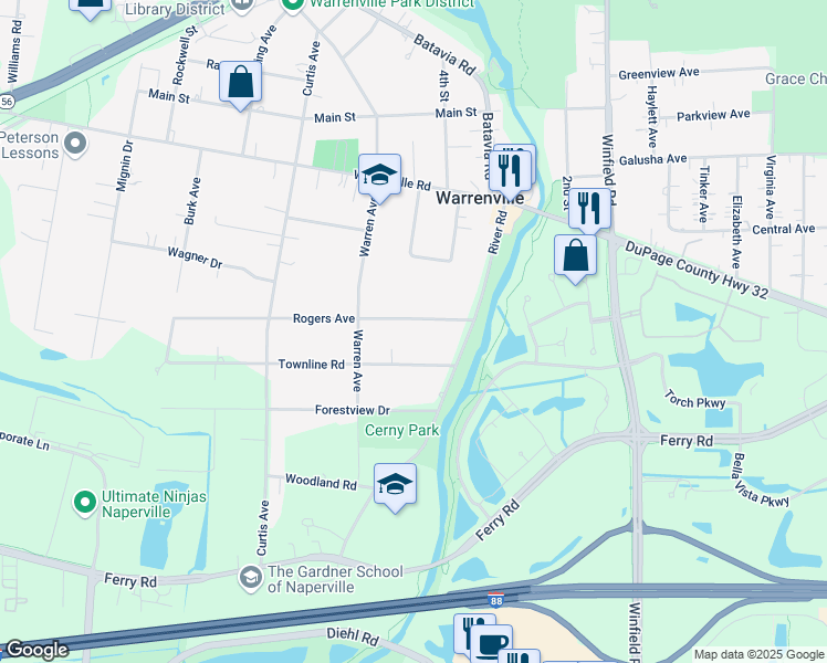 map of restaurants, bars, coffee shops, grocery stores, and more near 28W405 Rogers Avenue in Warrenville
