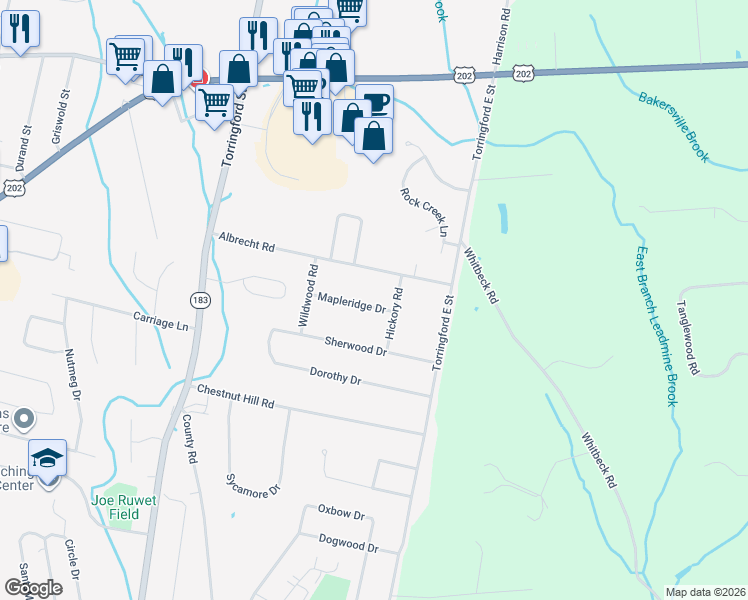 map of restaurants, bars, coffee shops, grocery stores, and more near 103 Mapleridge Drive in Torrington