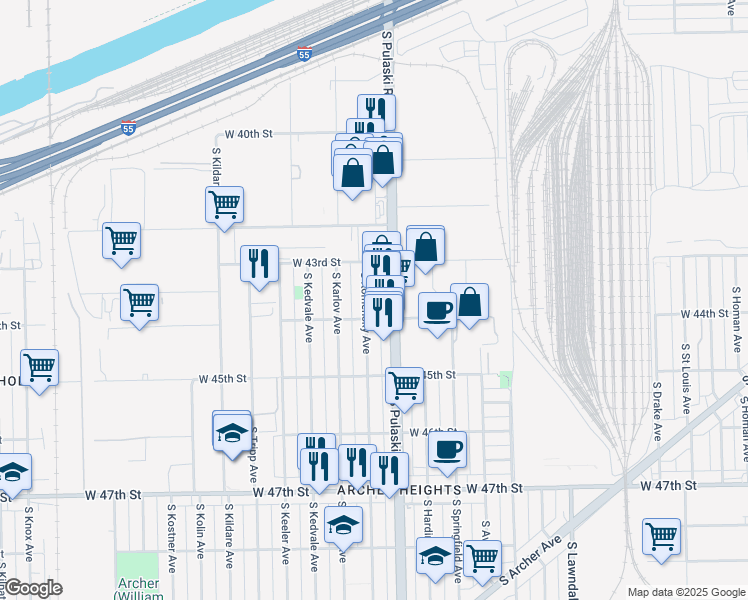 map of restaurants, bars, coffee shops, grocery stores, and more near 4343 South Komensky Avenue in Chicago
