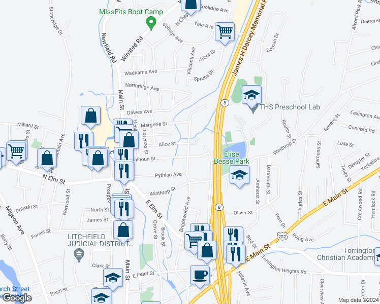 map of restaurants, bars, coffee shops, grocery stores, and more near 366 Brightwood Avenue in Torrington