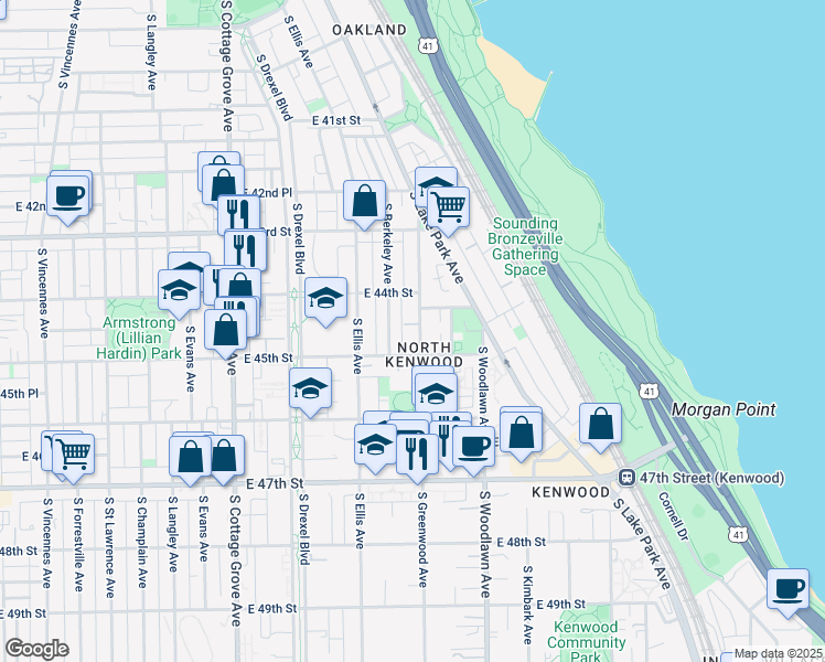 map of restaurants, bars, coffee shops, grocery stores, and more near 4438 South Greenwood Avenue in Chicago