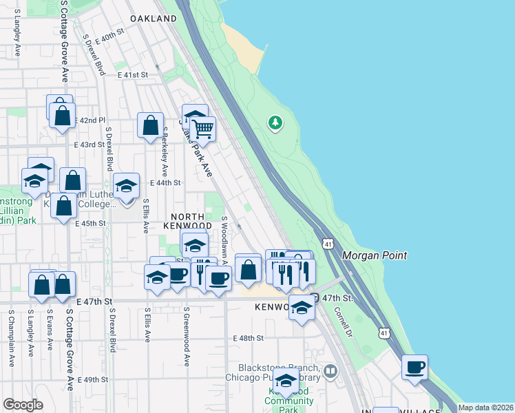 map of restaurants, bars, coffee shops, grocery stores, and more near 4452 South Oakenwald Avenue in Chicago