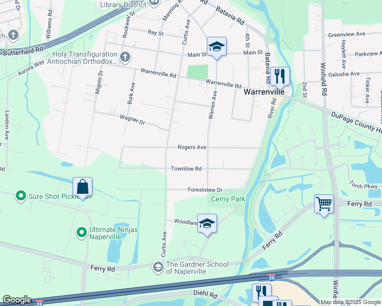 map of restaurants, bars, coffee shops, grocery stores, and more near 28W515 Rogers Avenue in Warrenville