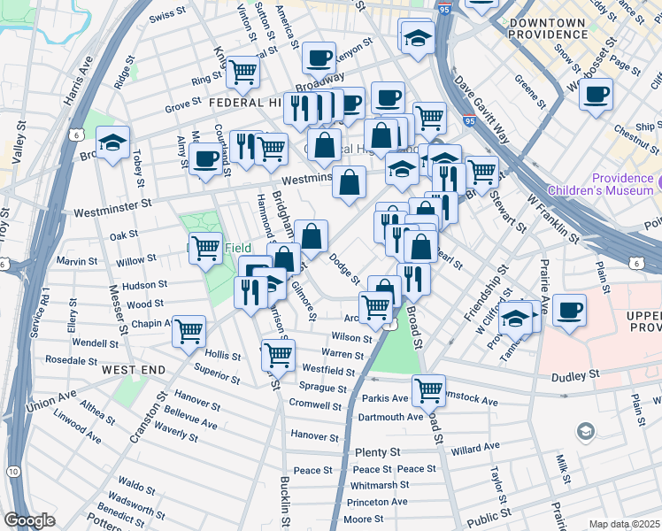 map of restaurants, bars, coffee shops, grocery stores, and more near 127 Dodge Street in Providence