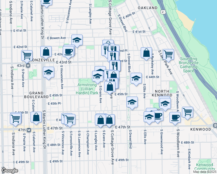 map of restaurants, bars, coffee shops, grocery stores, and more near 4448 South Cottage Grove Avenue in Chicago