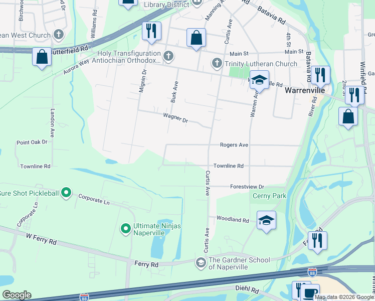 map of restaurants, bars, coffee shops, grocery stores, and more near 28W705 Rogers Avenue in Warrenville