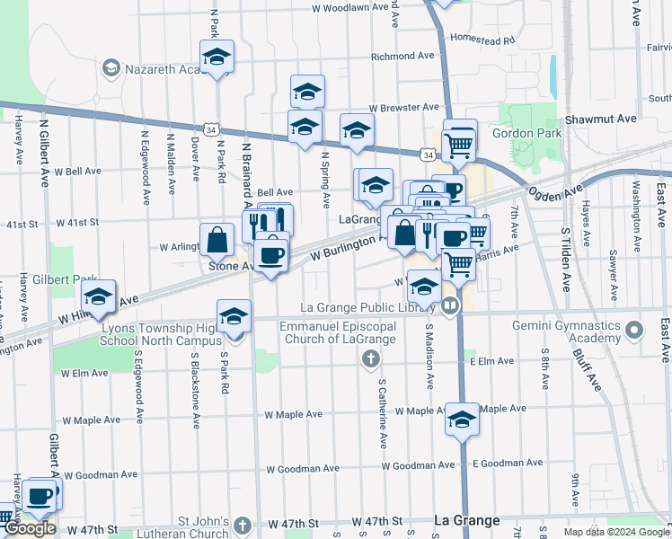 map of restaurants, bars, coffee shops, grocery stores, and more near 15 South Spring Avenue in La Grange