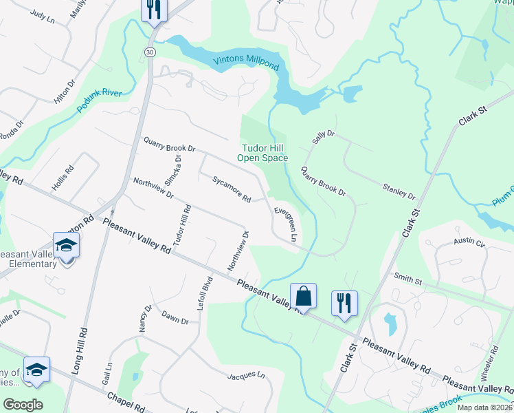 map of restaurants, bars, coffee shops, grocery stores, and more near 106 Sycamore Road in South Windsor