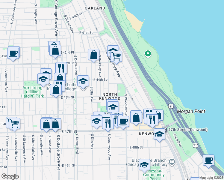 map of restaurants, bars, coffee shops, grocery stores, and more near 4434 South University Avenue in Chicago
