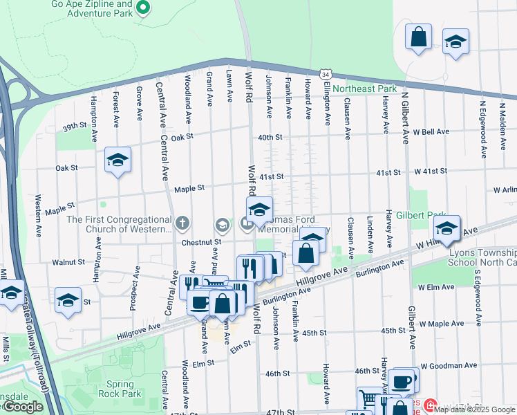 map of restaurants, bars, coffee shops, grocery stores, and more near 4131 Wolf Road in Western Springs