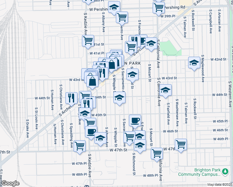 map of restaurants, bars, coffee shops, grocery stores, and more near 4349 South Whipple Street in Chicago