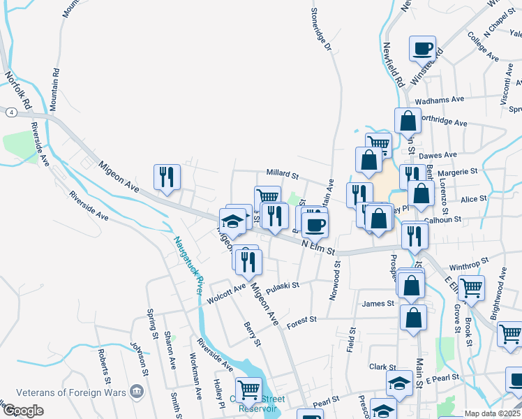 map of restaurants, bars, coffee shops, grocery stores, and more near 42 Pine Street in Torrington