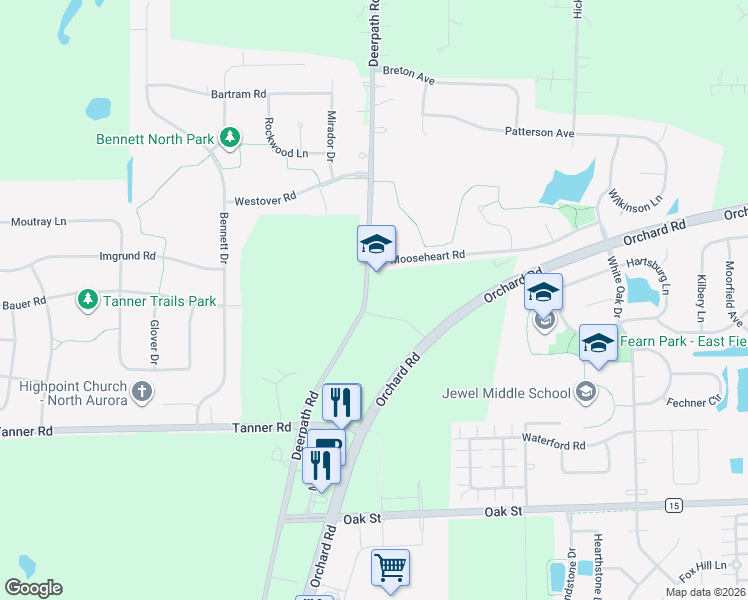 map of restaurants, bars, coffee shops, grocery stores, and more near 3S701 Deerpath Road in North Aurora