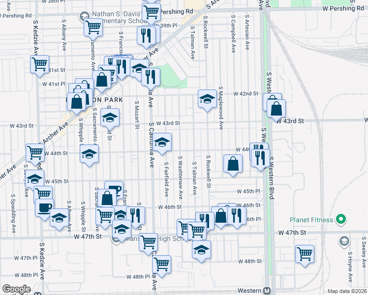 map of restaurants, bars, coffee shops, grocery stores, and more near 4353 South Washtenaw Avenue in Chicago