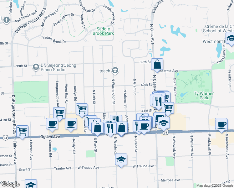 map of restaurants, bars, coffee shops, grocery stores, and more near 4011 North Washington Street in Westmont